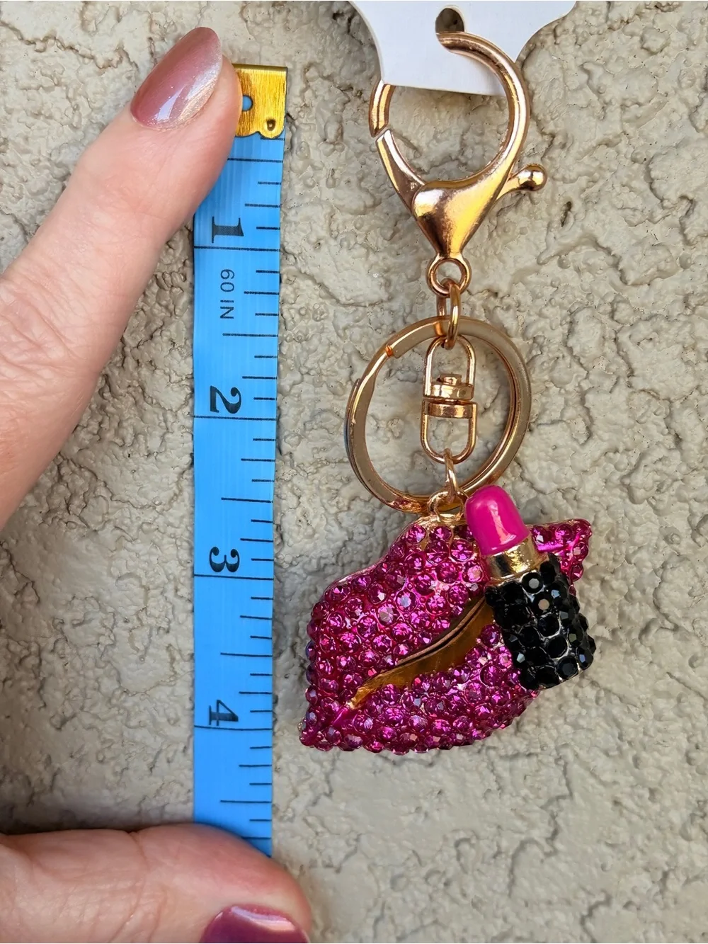 Glam Gold-Tone Hot Pink Crystal Lip & Lipstick Keychain